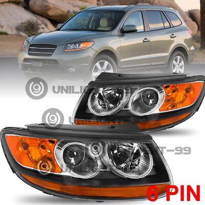 For 2007-2012 Hyundai Santa Fe 6pin Halogen Black Headlight Headlamps Left+Right