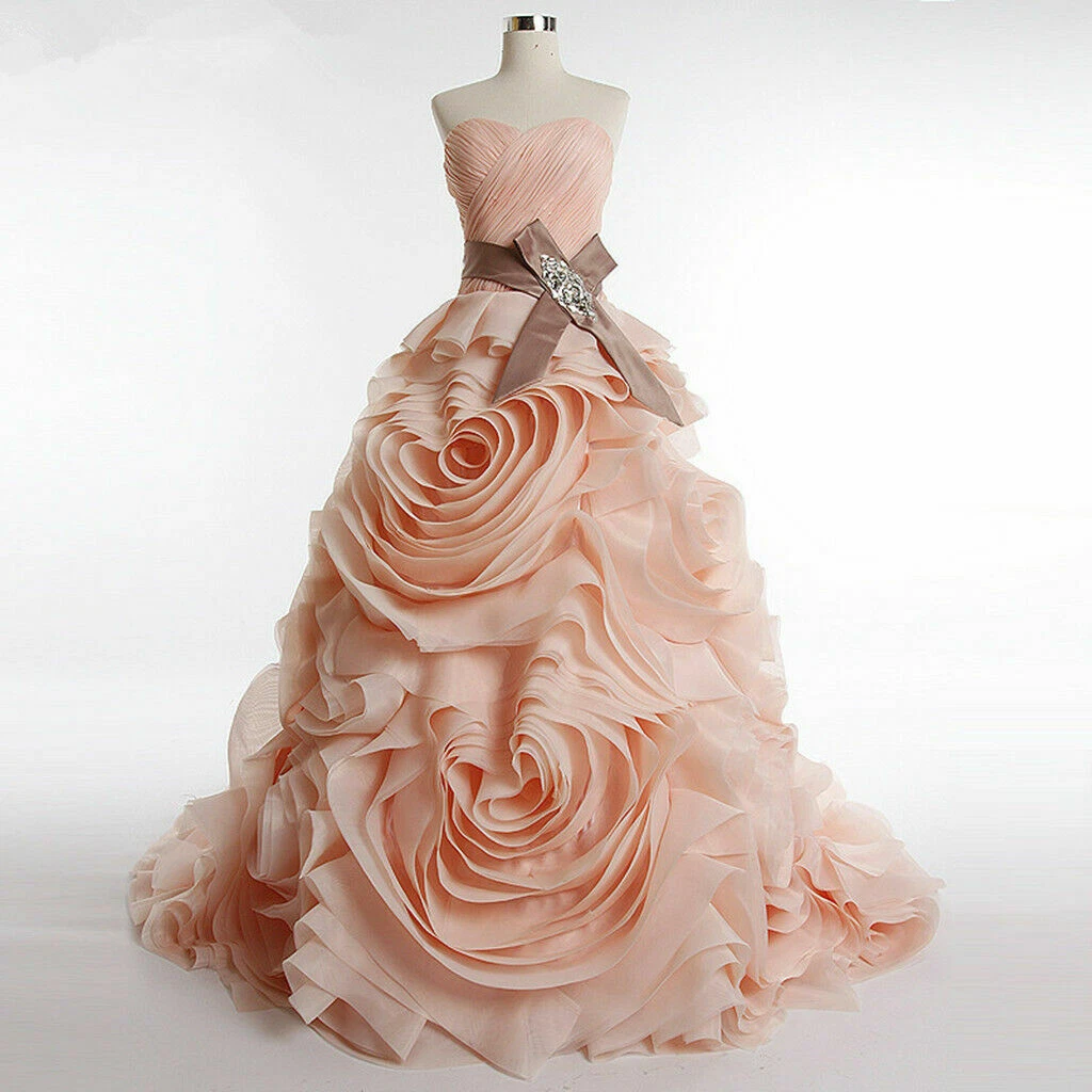 Pink Rose Flowers Wedding Dress Ruffle Organza Sweetheart Princess