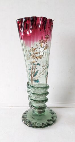 Rubingrüne konische Vase angewandte Schlangen Moser Legras französische emaillierte Blumen - Bild 1 von 15