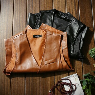 Cuir Marron Gilet Cuir Sans Manche Hommes Faux Cuir Motard Gilet