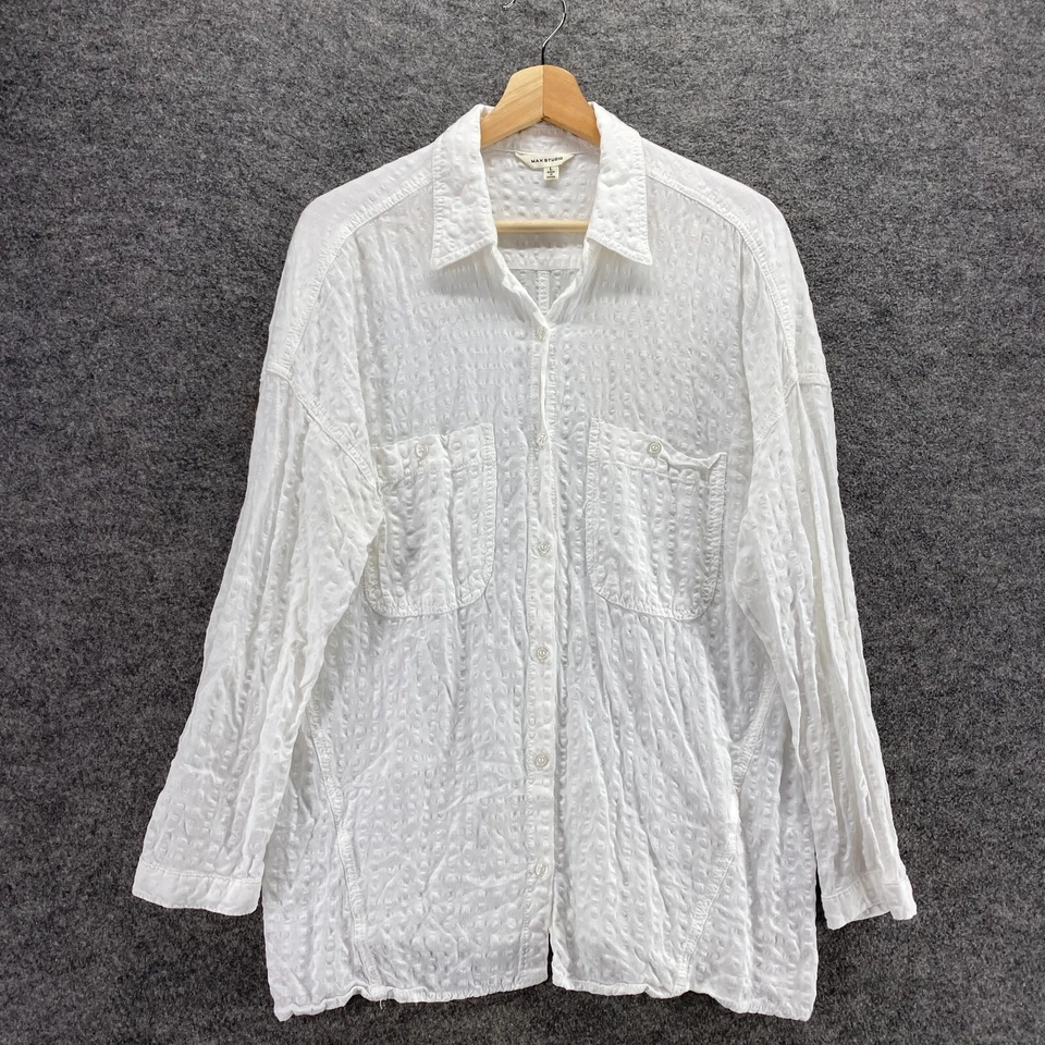 Camisa Max Studio Mujer L Grande Blanca Cuello Abotonado Manga Larga Algodón Foto 3 de 4