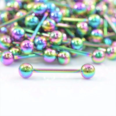Tongue Bar Straight Barbell Piercing Steel Eyebrow Tragus Nipple RAINBOW - Image 1 of 4