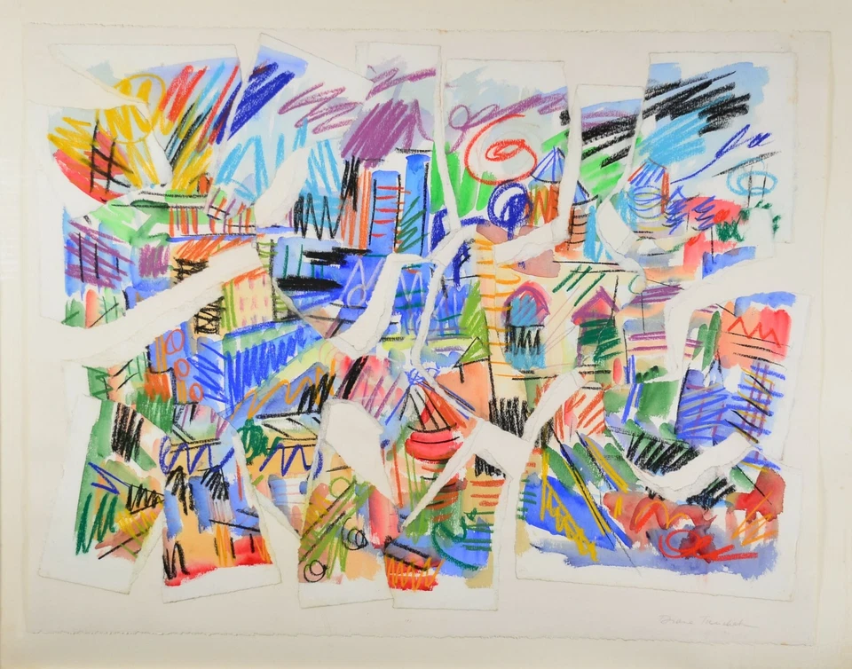 Pintura al óleo collage abstracto vintage firmado original de Diane Tanchak Foto 2 de 4