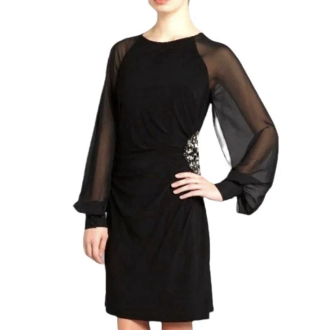 ELIZA J. Sheer Long Sleeve Embellished Waist Cocktail Dress Gown Black Sz 6  | eBay