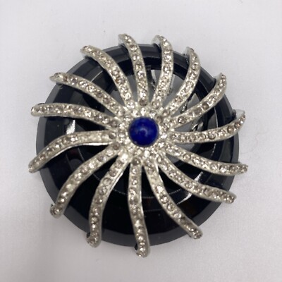Vintage Black Glass Sea Urchin Rhinestone Brooch signed R.K, Key Hallmarks