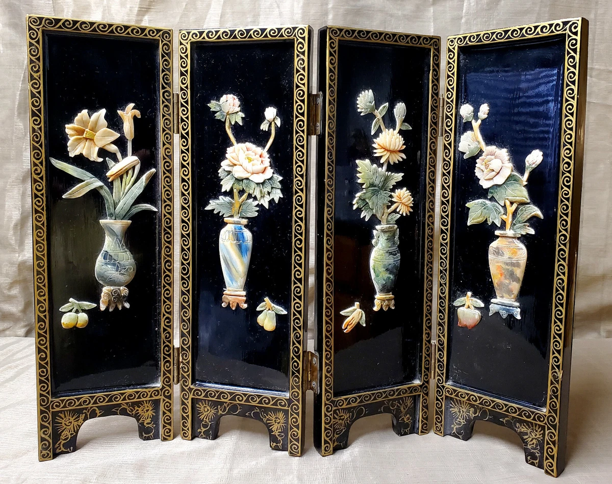 Asian Chinese Black Lacquered Folding Table Screen Tea Divider