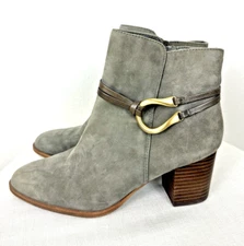 ISOLA Women’s 8 Boho Gray Suede Ankle Boots Heels Gold Buckle Accent