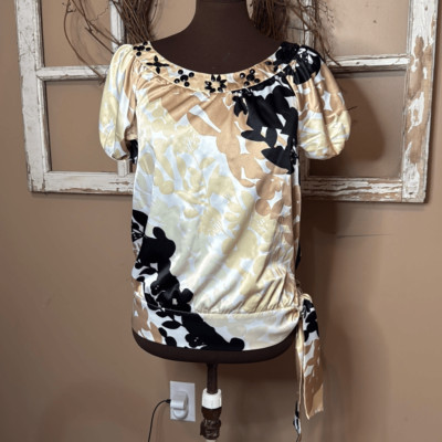 Apostrophe y2k satin beaded women s shirt size medium brown black cream tie bott