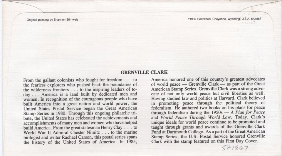 USPS FDC #1867 1985 39¢ Grenville Clark Great Americans Series Fleetwood ST2572 - Image 2 of 2