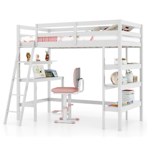 Twin Size Solid Wood Loft Bed with Desk & Bookshelves, Ladder & Guardrails White - Picture 10 of 10