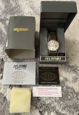 Vintage Helbros Masonic Quartz Watch Gold Tone Expansion Band Box Papers NOS New
