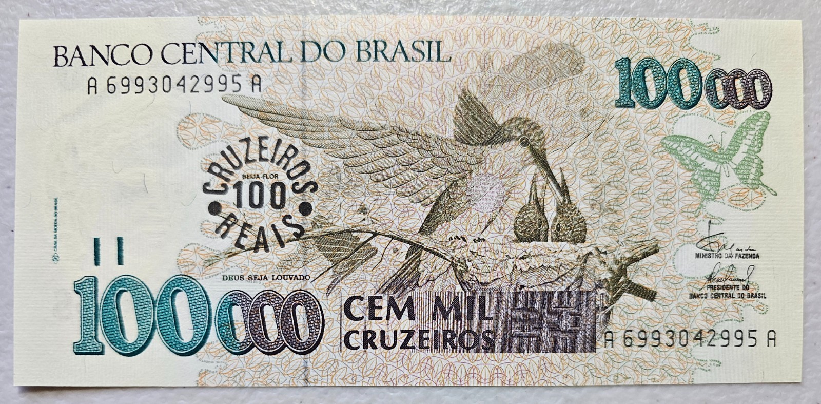 Brazil 100 Cruzeiros Reais / 100,000 Cruzeiros 1993 Unc