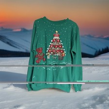 VTG 80s Hanes Sport Christmas Sweater Bear Tree Sweatshirt Sz L