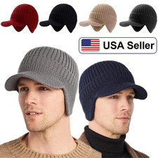 Men's Warm Stretch Knitted Hat Winter Beanie with Brim and Ear Flaps Caps Gifts