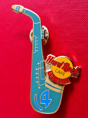 HRC Hard Rock Cafe Tel Aviv 4th Anniversary Blue Saxophone Yellow Logo Pin Zech