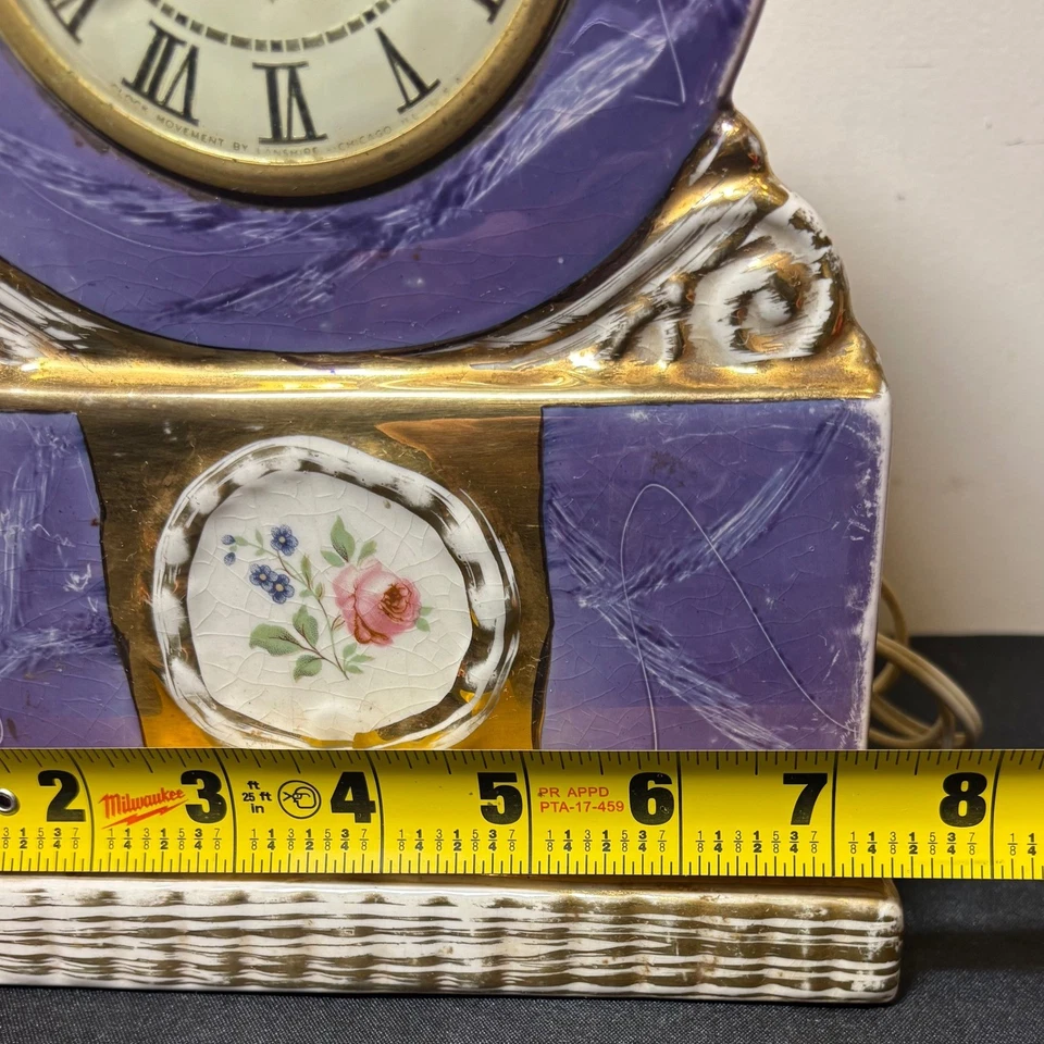 Vintage Omsco Porcelain Mantle Clock Floral Accent  Electric Devereaux READ - Image 3 of 4