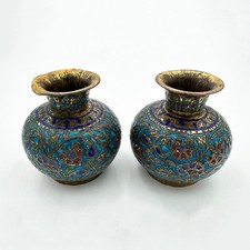 PAIR ANTIQUE KASHMIRI INDIAN SMALL VASES ENAMEL GILT METAL