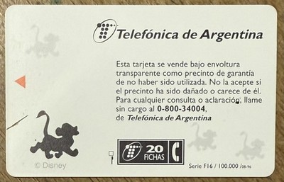 ARGENTINIEN R° DISNEY V° OMNIPOINT OHNE CHIP KARTEN TELEKARTE DUMMY PHONECARD