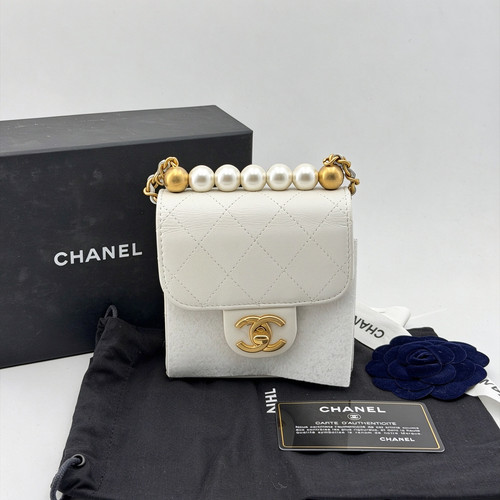 AUTH Chanel Mini White Quilted Lambskin Gold Hardware Pearl Chain Shoulder Bag