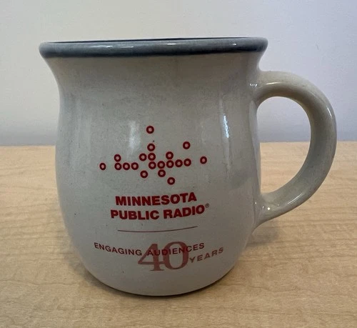 Vintage Red Wing Mug- 40 Years Minnesota Public Radio- Beige w/ blue rim