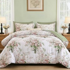 Anibedding Pink Green Floral Comforter Set Queen Size, Queen, and