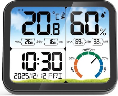 5,8'' Innenthermometer Hygrometer, Temperatur Luftfeuchtigkeit Monitor & Uhr, USB-C &