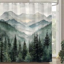 Dark Green Forest Mountain Shower Curtain Nature Misty Foggy Pine 72x78 In