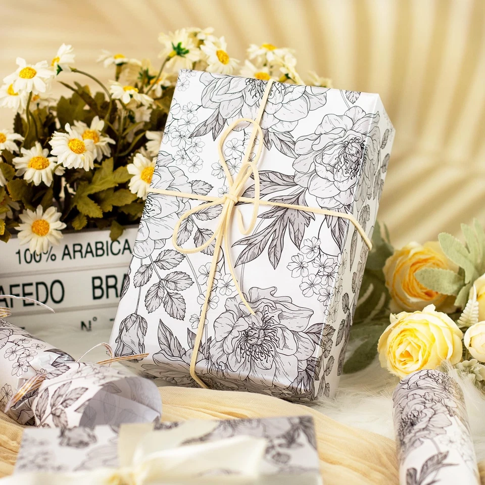 Rolo de papel de embrulho floral cintilante para presente - Rolo Jumbo - Preto e branco perolado... - Imagem 3 de 4