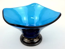 Viking Glass Epic Square Bonbon Bowl Blue Bluenique Silver Base Blown 6" Vtg