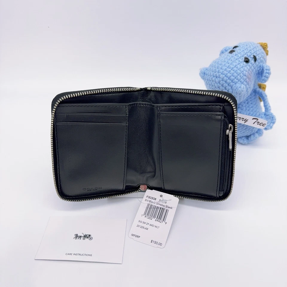 Cartera Coach F30308 pequeña con cremallera alrededor en lona exclusiva negra gris logotipo ahumado Foto 3 de 4