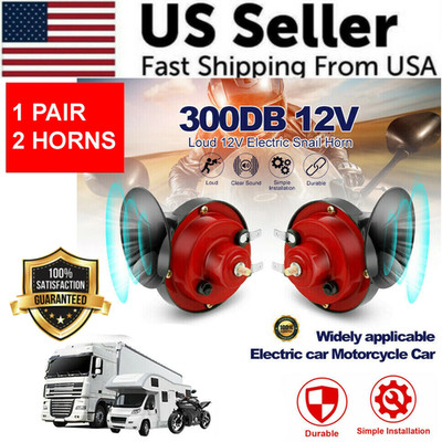 2PC Red  12V 300DB Super Loud Train Air Horn Waterproof Motorcycle Car Truck