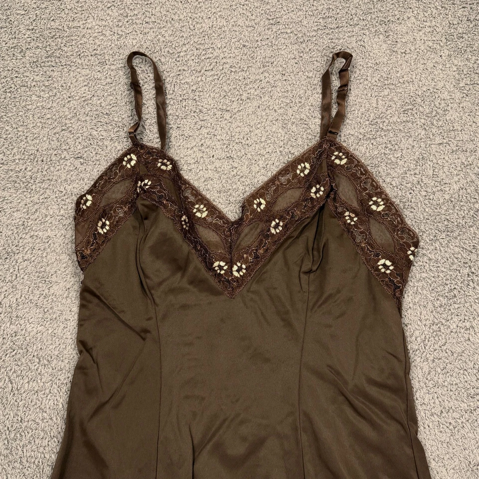 Vtg Slip Dress Women Size 32 Brown Lace Trim Embroidered Floral Spaghetti Straps - Image 2 of 4
