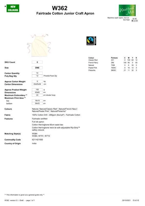 Westford Mill Fairtrade Cotton Junior Craft Apron W362 - Boys Girls Craft Apron - Image 2 of 4