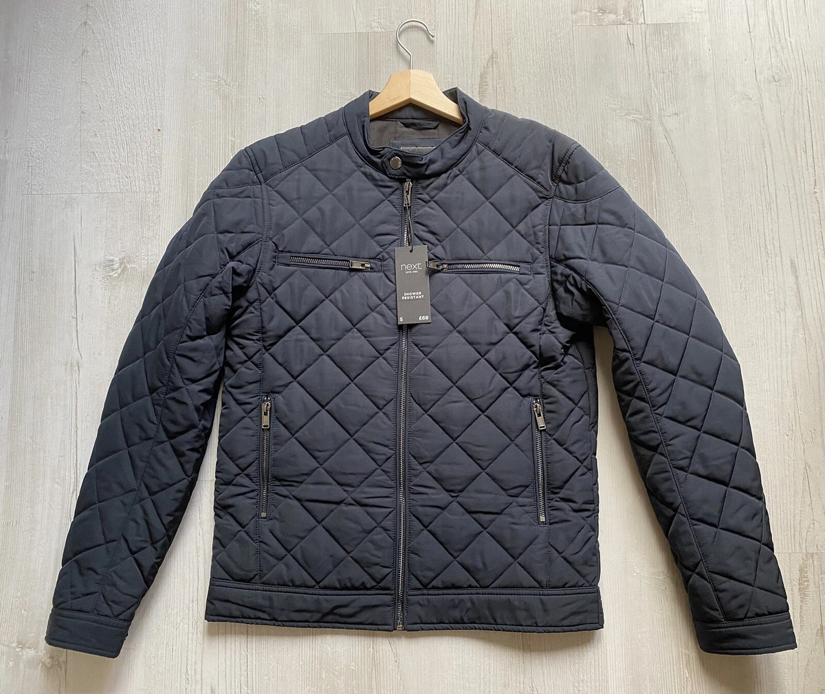 Next Mens Diamond Quilt Racer Neck Jacket Navy Blue Shower Resistant SMALL BNWT