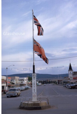ALASKA HIGHWAY MILE MARKER 0 FLAG POLE, DAWSON CREEK CANADA 1962 PHOTO SLIDE