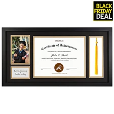 11x22 Black Wood Diploma Tassel Shadow Box Frame for 8.5x11 Document & 4x6 Photo