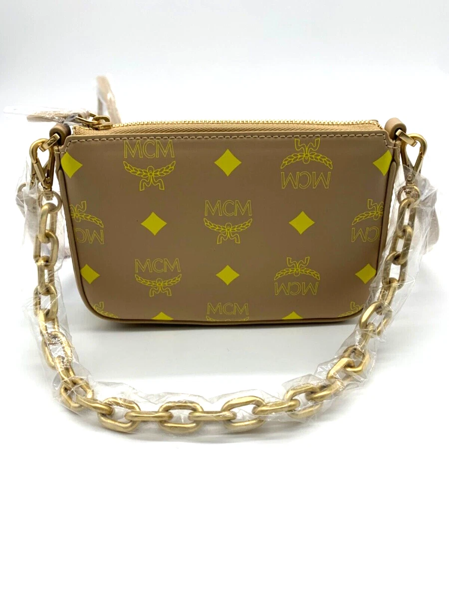 MCM Mini Color Splash Logo Pouch Chain Shoulder Bag in Natural