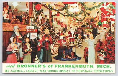 Frankenmuth Michigan~Bronner's Interior~Christmas~Santa Claus~1950s Postcard