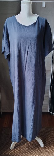 Audate Lagenlook Blue Short Sleeve Cotton Dress Size 3XL With Pockets Side Slits