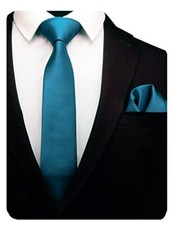 2.4" Slim Necktie and Handkerchief Set For Men Solid Skinny Tie Teal Blue