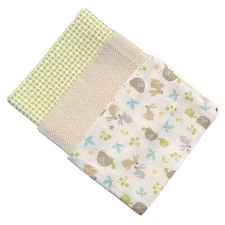 Set of 3 Carter's Cotton Baby Receiving Blankets Bunnies Turtles Green Beige
