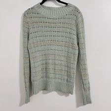 Loft Light Green Knit Sweater Gold Sparkle Size S Cottage Grandma Core Round