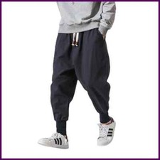 Cotton Linen Harem Pants Men Solid Elastic Waist Streetwear Joggers New Baggy