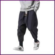 Cotton Linen Harem Pants Men Solid Elastic Waist Streetwear Joggers New Baggy