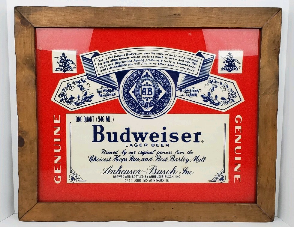 Vintage Budweiser Beer Acrylic Label Graphic Wood Framed Sign Man