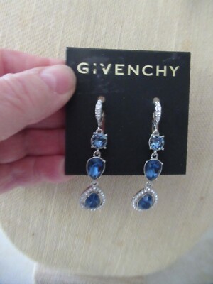 NWT Givenchy Triple Linear Drop Medium Blue Stone/ Pave Clear Signed Earrings