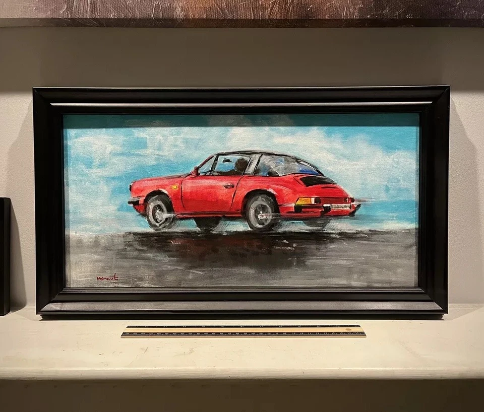 Original Porsche 911 Carrera Targa Rojo Deportivo Coche Clásico Pintura Coleccionistas Arte Foto 2 de 4