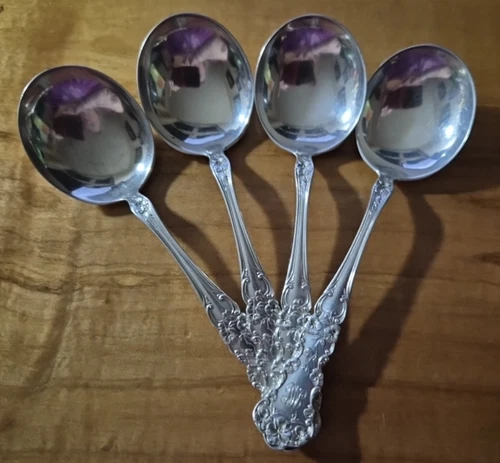 FOUR PANSY INTERNATIONAL STERLING Bouillon Spoons 5 3/8" mono SCRAP?MELT