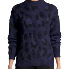 Kate Spade Leopard Print Mock Neck Fuzzy Alpaca Wool Sweater Navy Size Medium