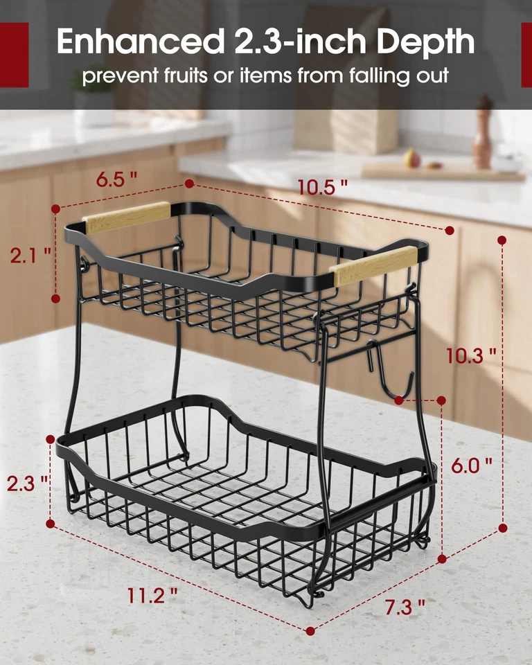 Modern Fruit Vegetable Basket for Kitchen, 2 Tier Metal Stand with Wood Handle - Image 2 of 4